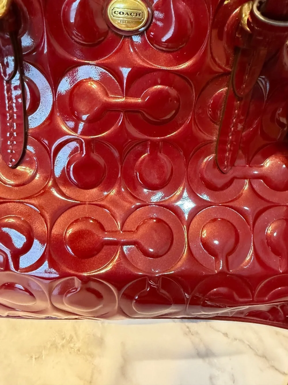 Coach Red Patent Leather Embossed Signature Dome Satchel & Matching Wallet Set